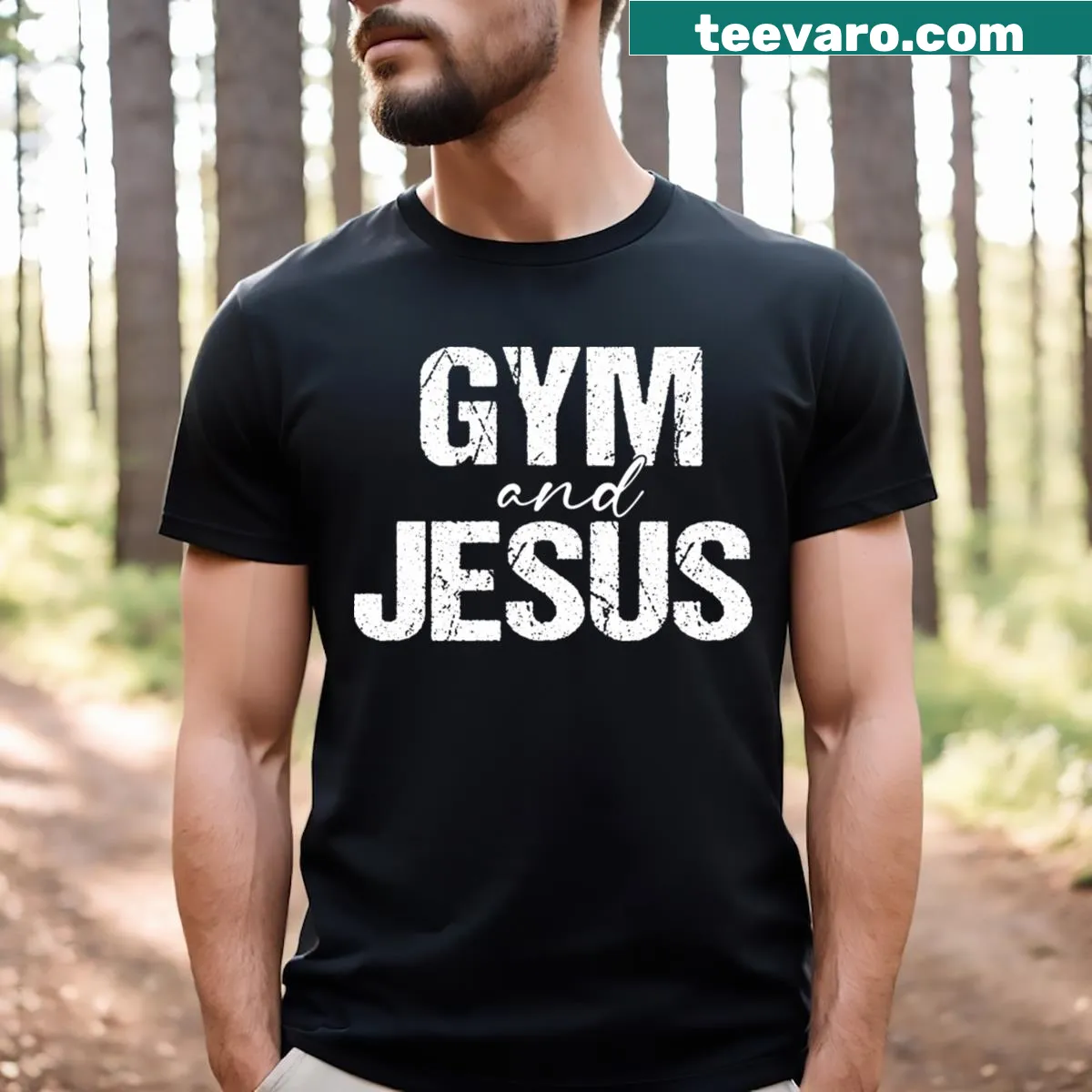 T-shirt combining gym culture and faith with 'Gym And Jesus' text — on a men's t-shirt