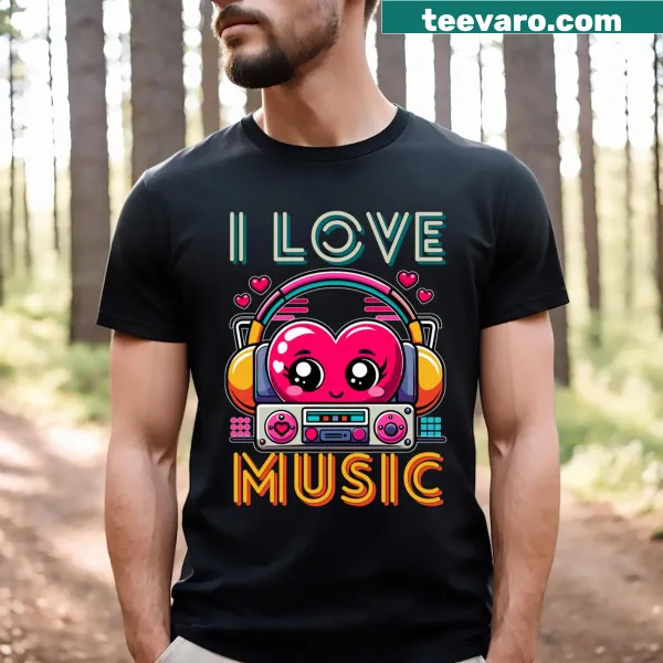 Heart and headphone graphic on a music-themed T-shirt