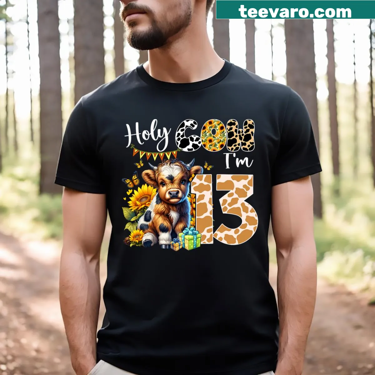Cute 13th birthday T-shirt with a dairy cow and sunflowers — on a men's t-shirt
