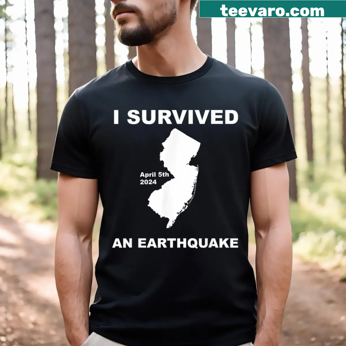 Bold text reading 'I Survived An Earthquake 05th Apr 2024' on a t-shirt. — on a men's t-shirt