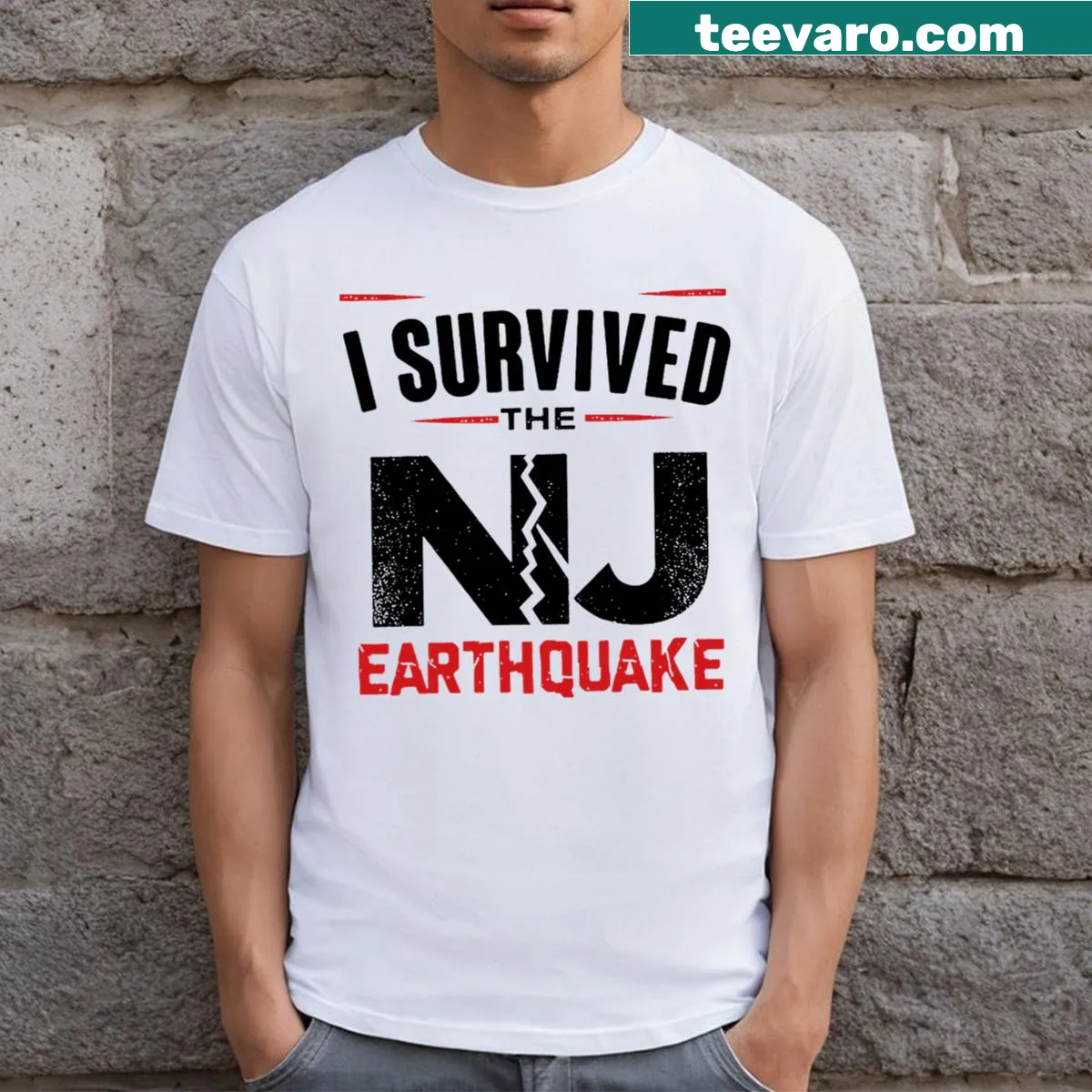 T-shirt with text stating 'I Survived New Jersey Earthquake'. — on a men's t-shirt