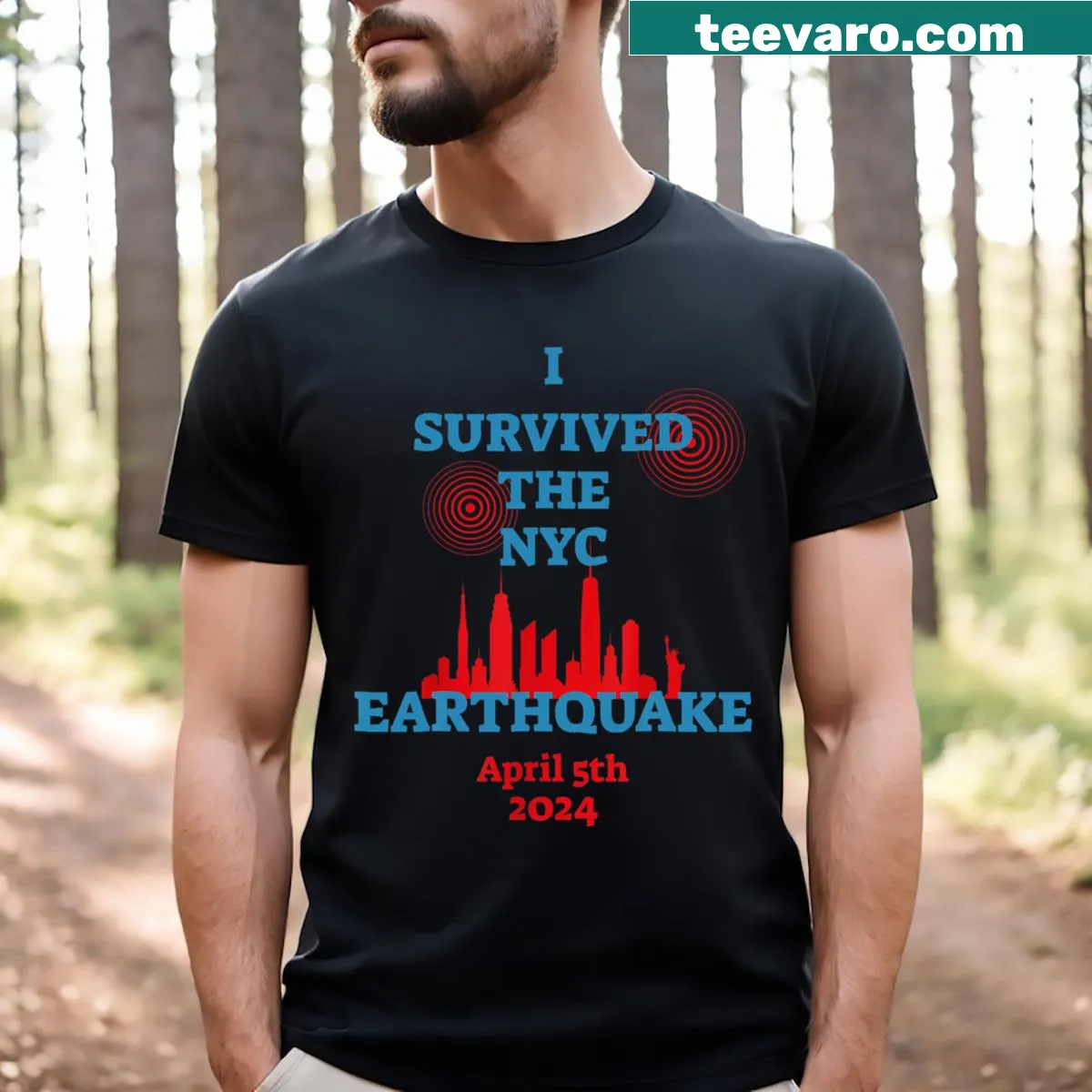 Commemorative T-shirt about surviving an earthquake with bold text. — on a men's t-shirt