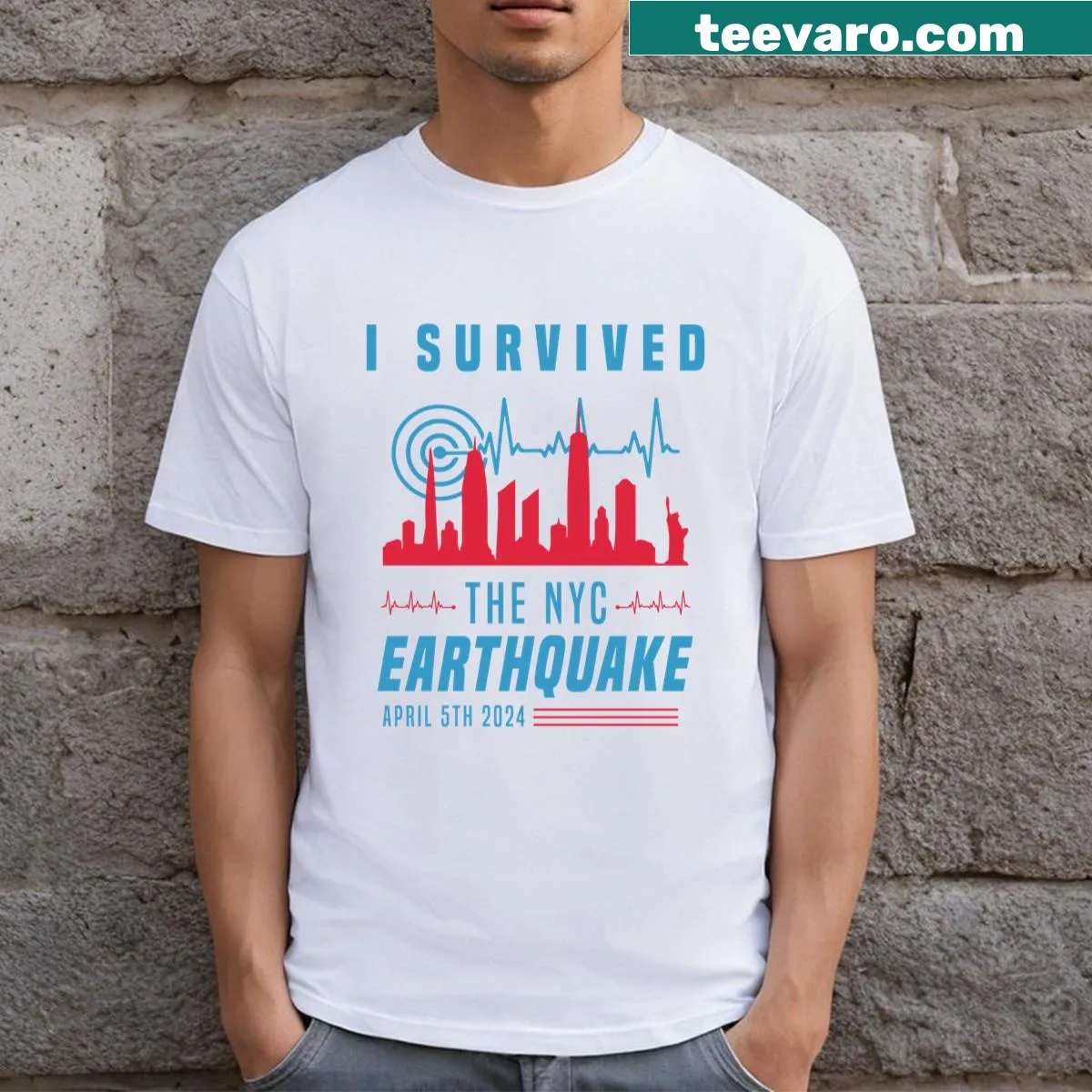 Essential NYC earthquake t-shirt with impactful text from April 5, 2024. — on a men's t-shirt