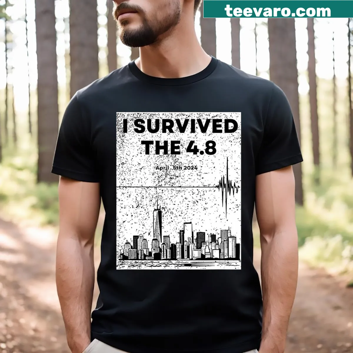 Commemorative t-shirt for the 48 NYC earthquake on April 5, 2024. — on a men's t-shirt
