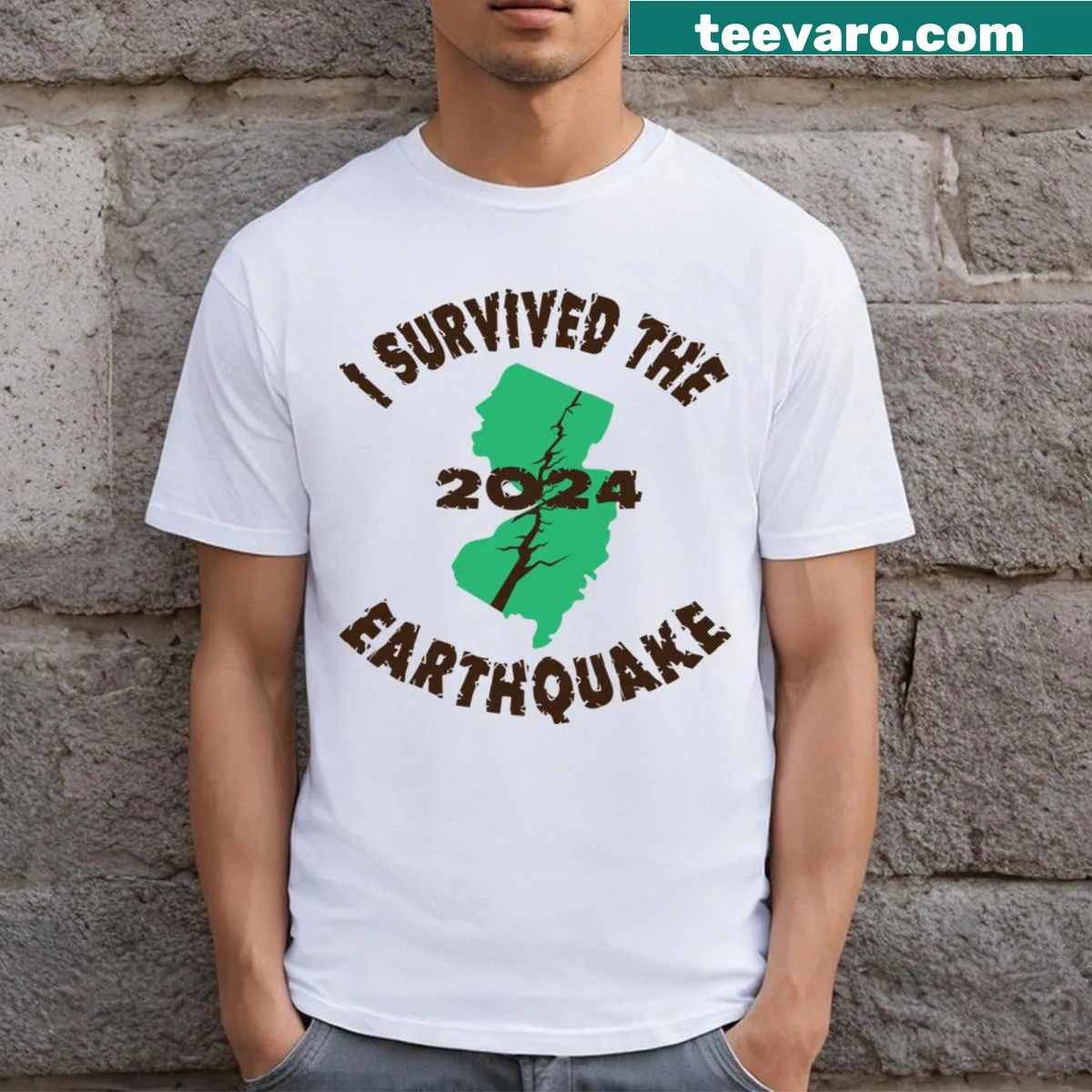 Lighthearted T-shirt celebrating survival of the New Jersey earthquake — on a men's t-shirt