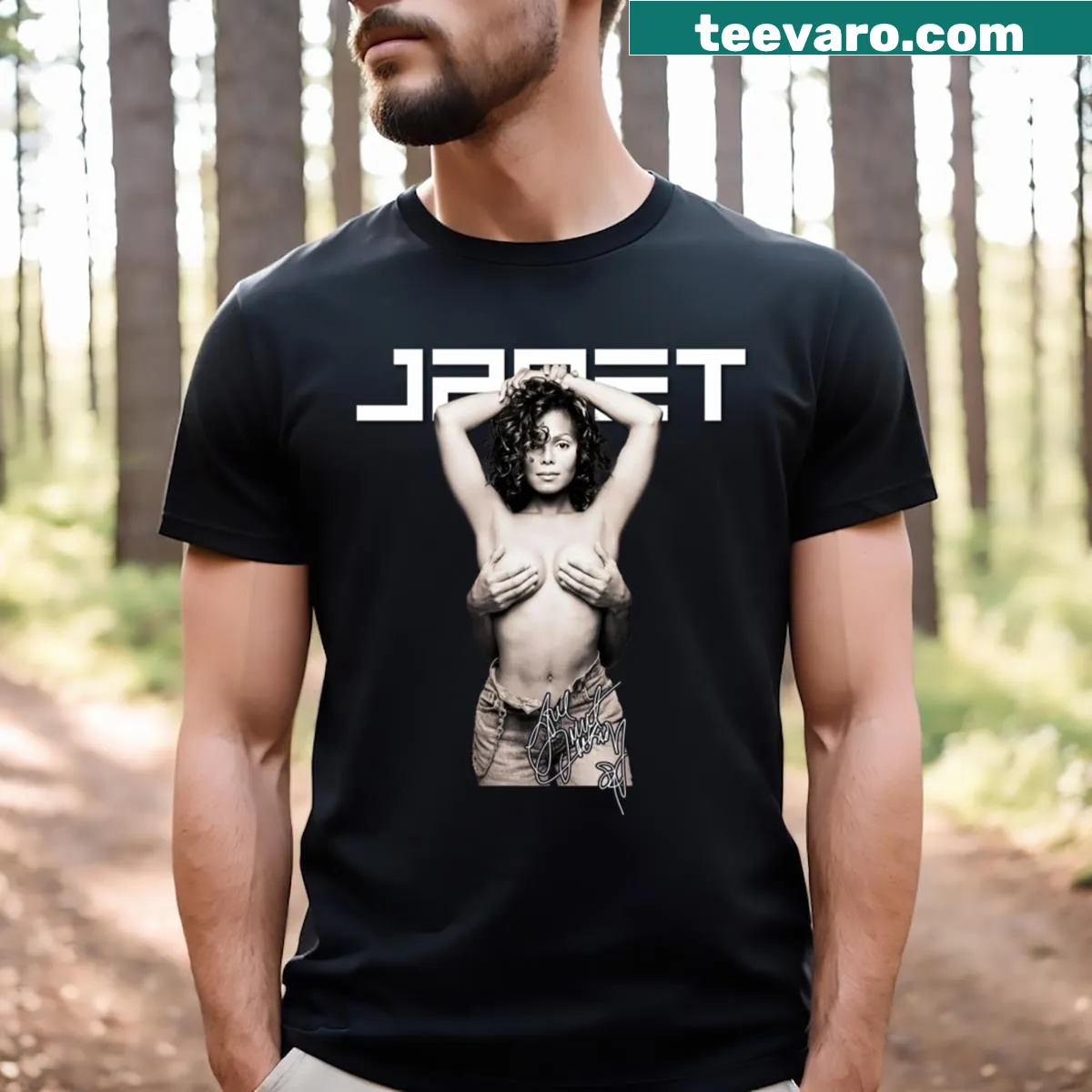 Illustrated Janet Jackson graphic on a casual T-shirt — on a men's t-shirt