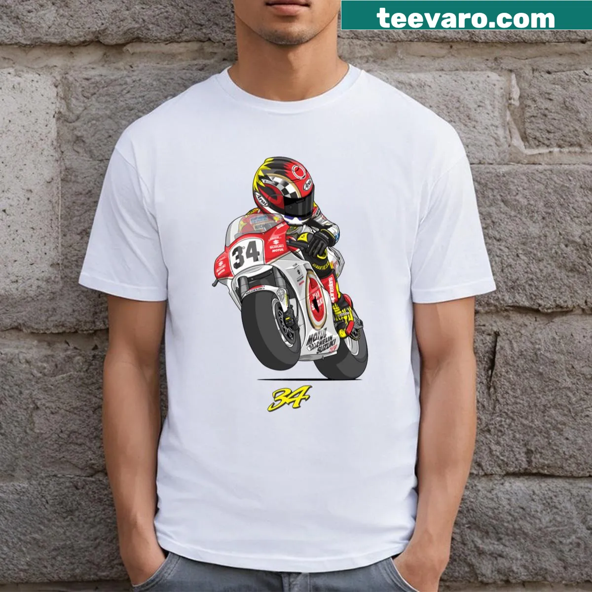 Graphic T-shirt featuring the number 34 associated with Kevin Schwantz — on a men's t-shirt
