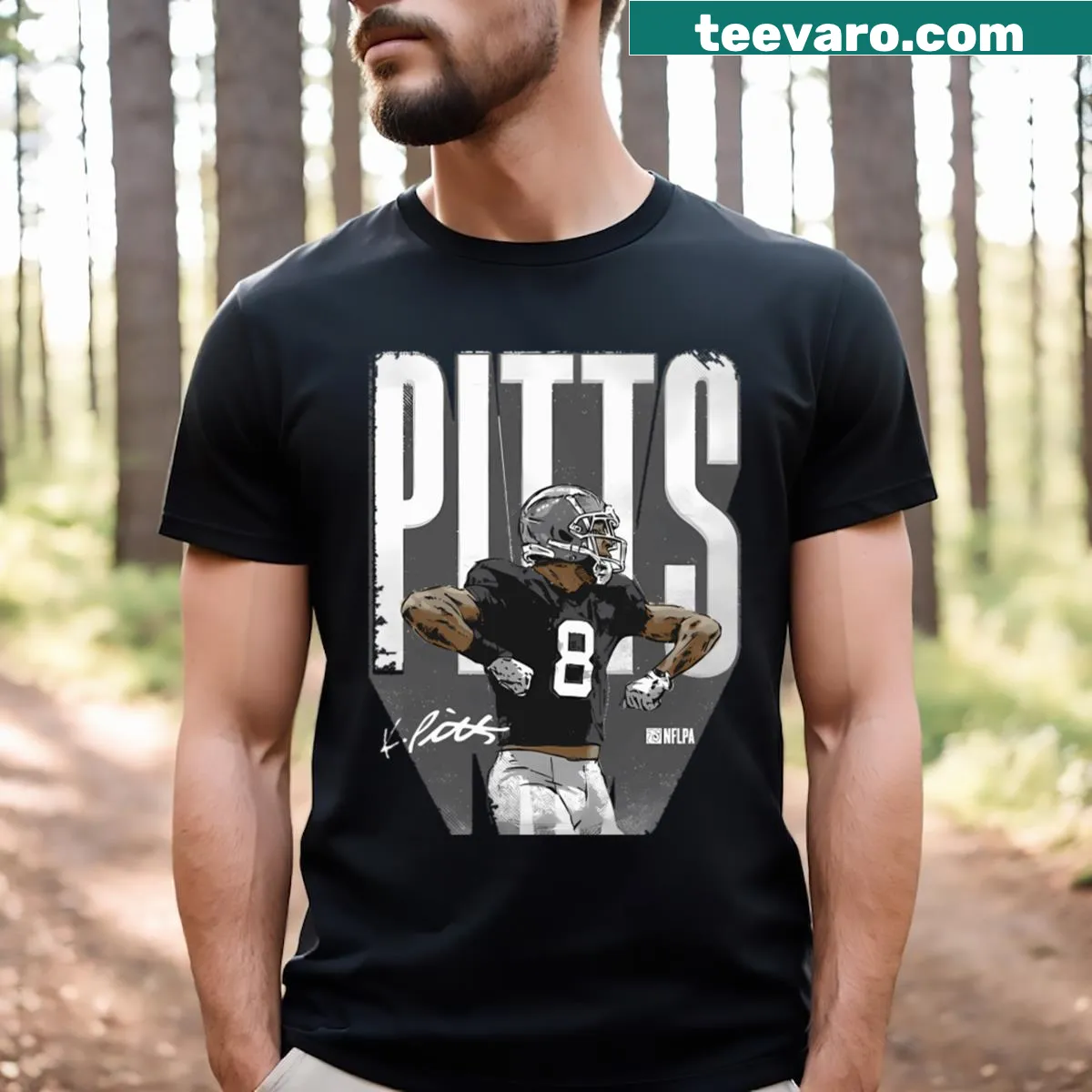 Bold sports t-shirt featuring Kyle Pitts and Atlanta Falcons logo — on a men's t-shirt