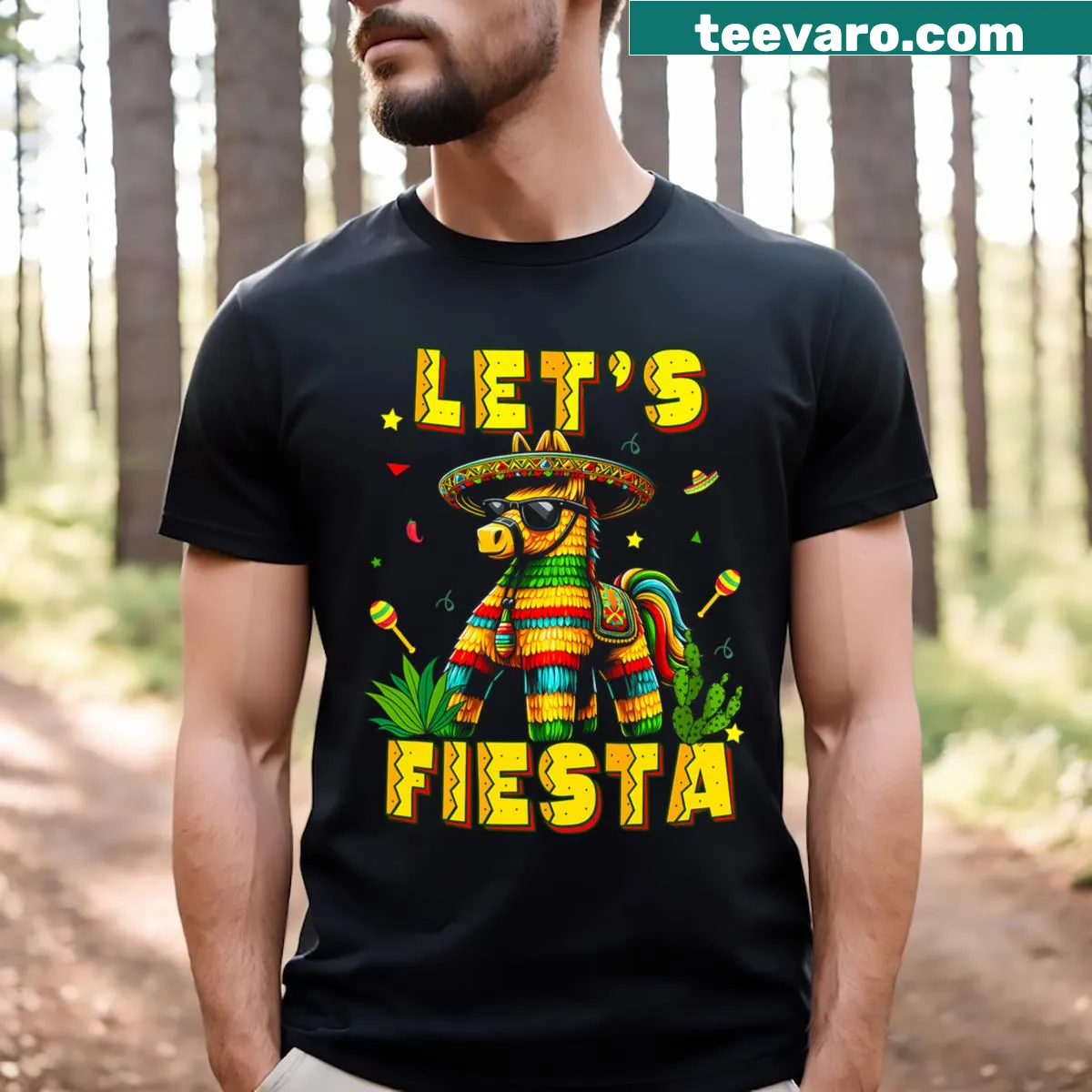 Cinco de Mayo themed T-shirt featuring a cheerful pinata donkey — on a men's t-shirt