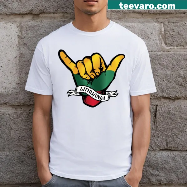 Shaka hand sign intertwined with Lithuania flag graphic on T-shirt