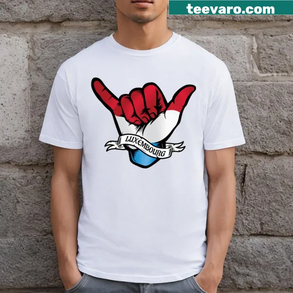 Shaka hand sign combined with Luxembourg flag graphic on T-shirt