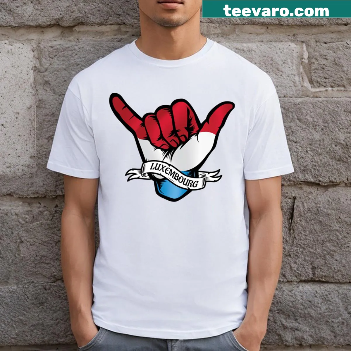 Shaka hand sign combined with Luxembourg flag graphic on T-shirt — on a men's t-shirt