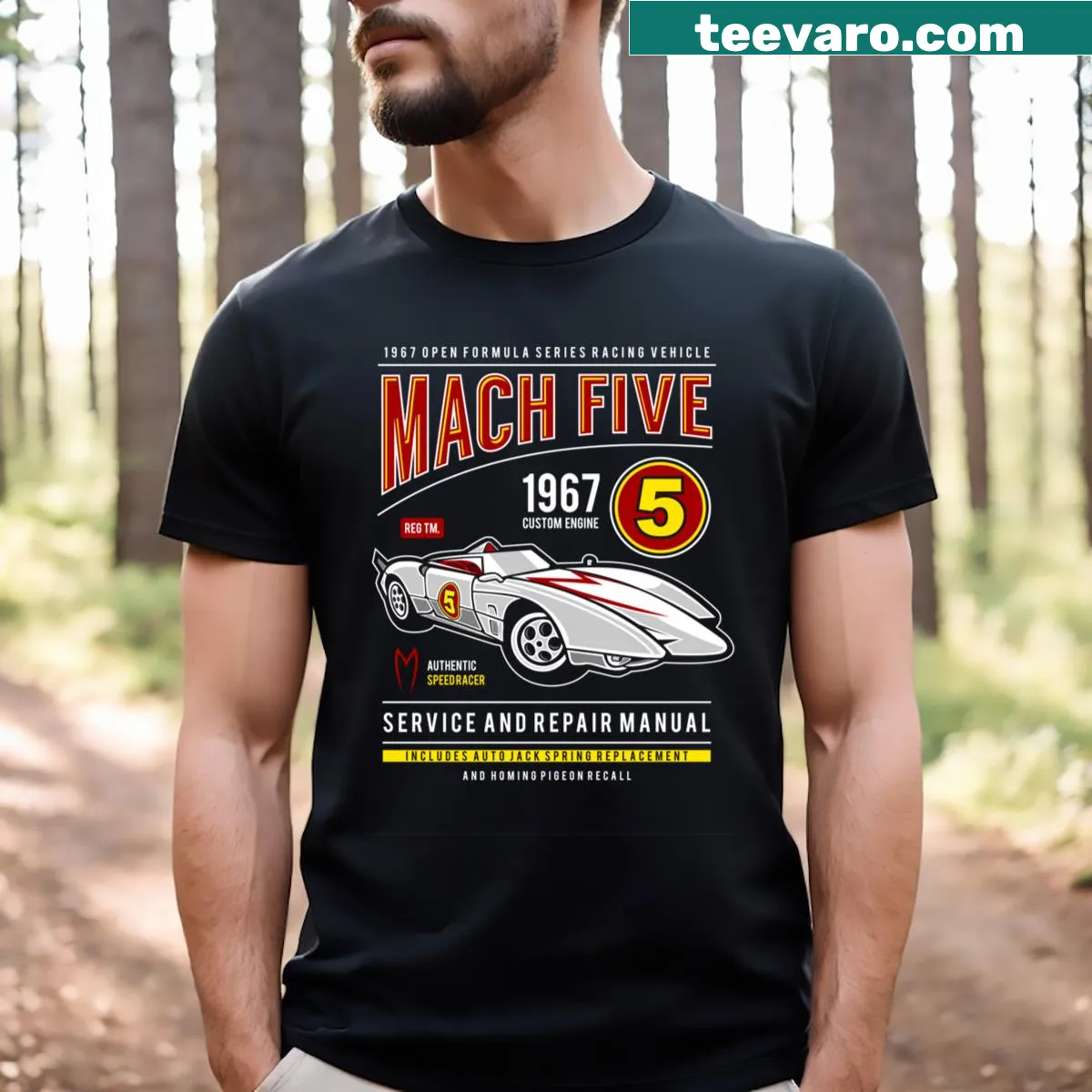 Retro graphic T-shirt featuring the Mach Five racing car design — on a men's t-shirt