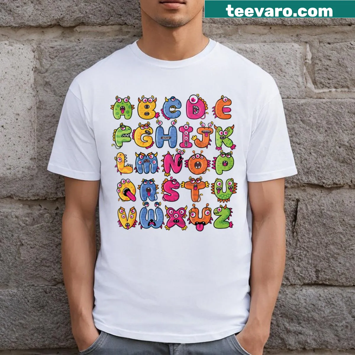 Alphabet made of quirky monsters on T-shirt — on a men's t-shirt