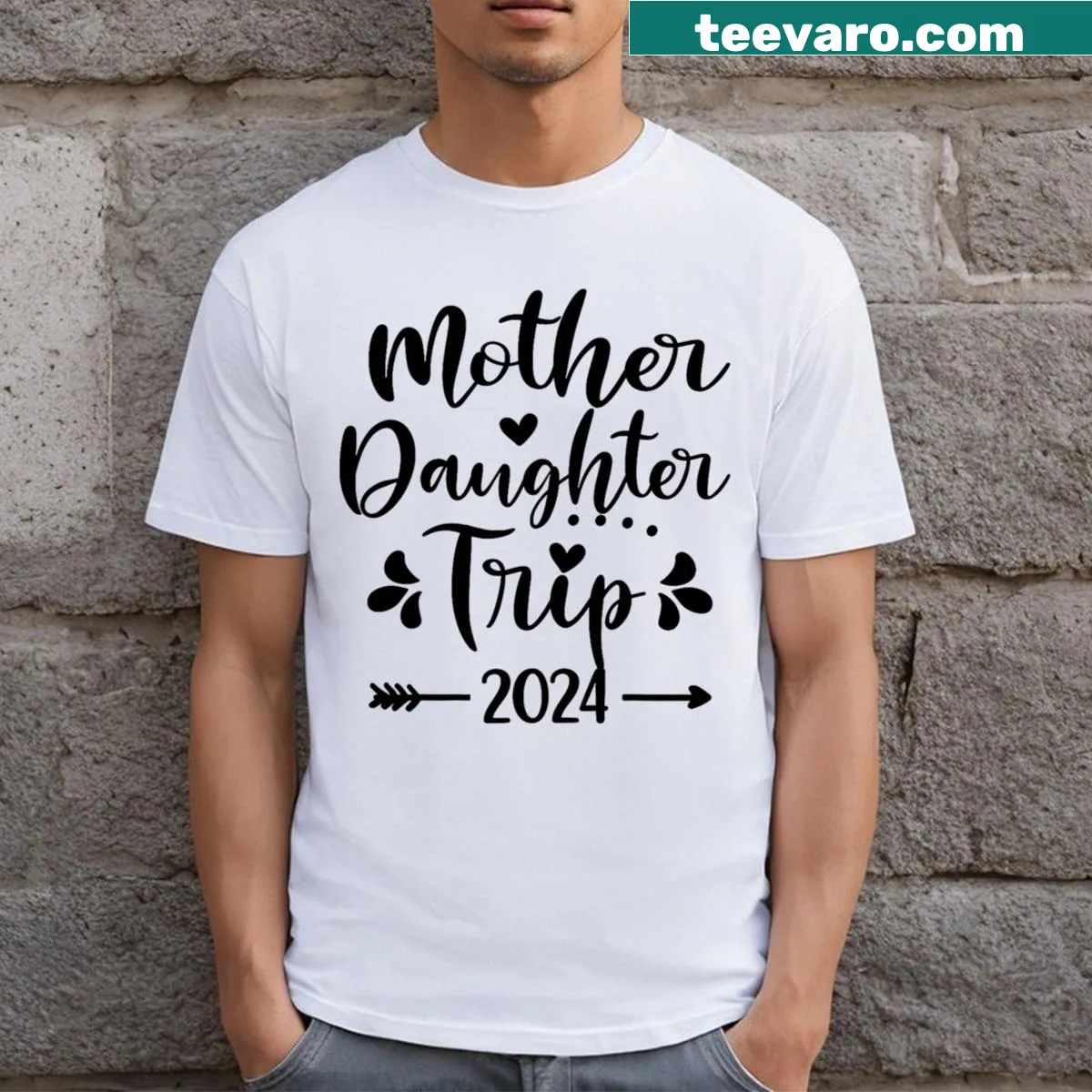 Mother Daughter Trip 2024 t-shirt with playful travel-themed graphics — on a men's t-shirt