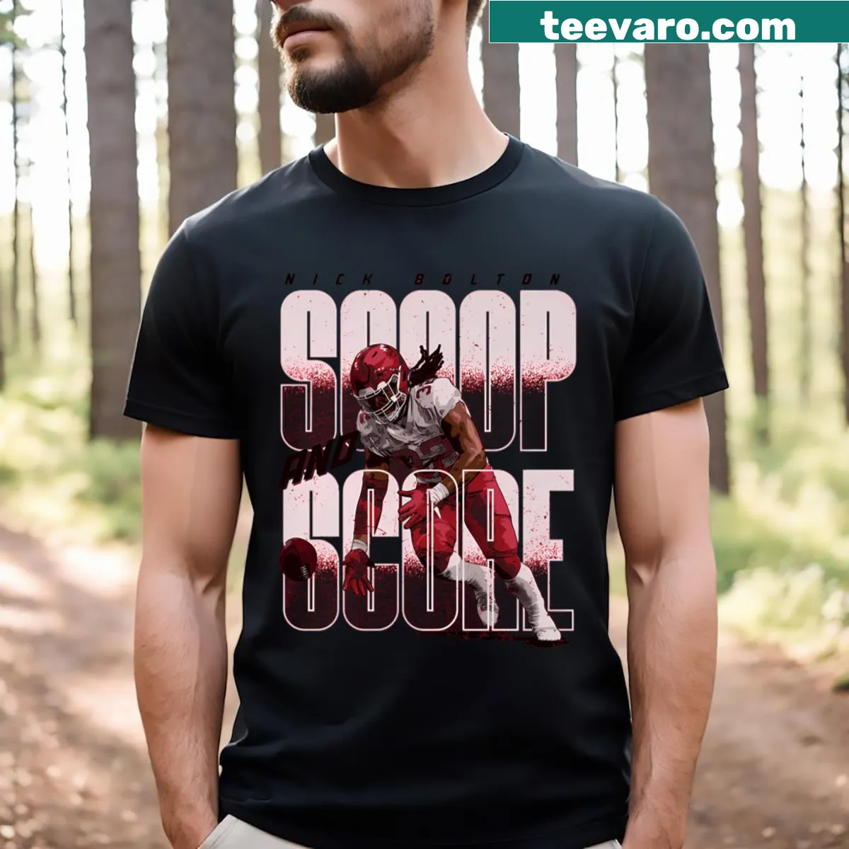 Nick Bolton scoop and score cartoon graphic T-shirt — on a men's t-shirt