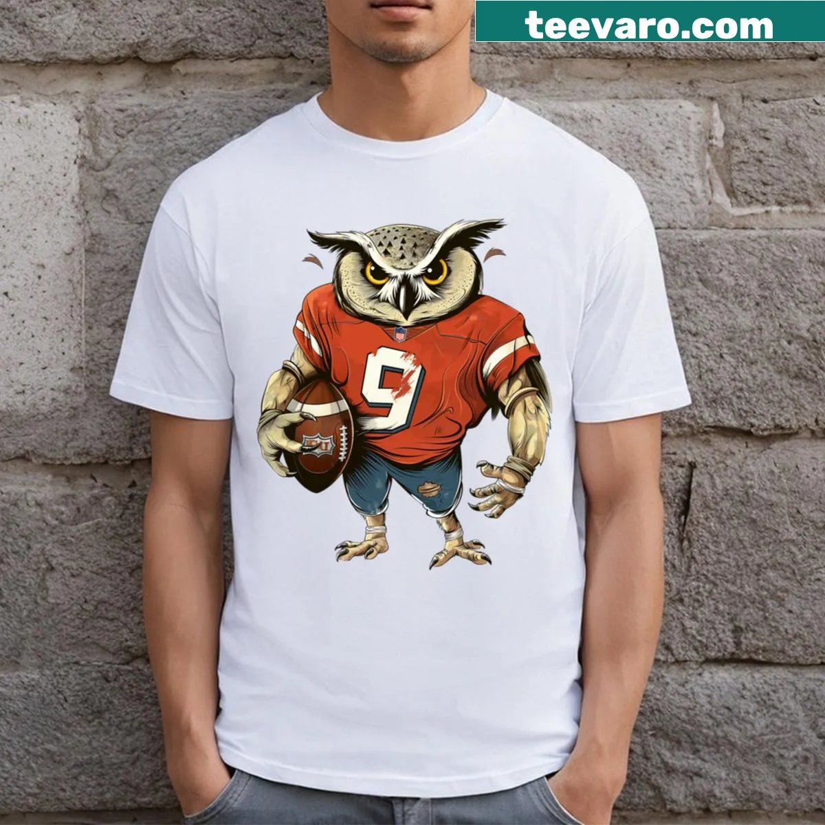 Cartoon owl in a football helmet on a playful t-shirt — on a men's t-shirt