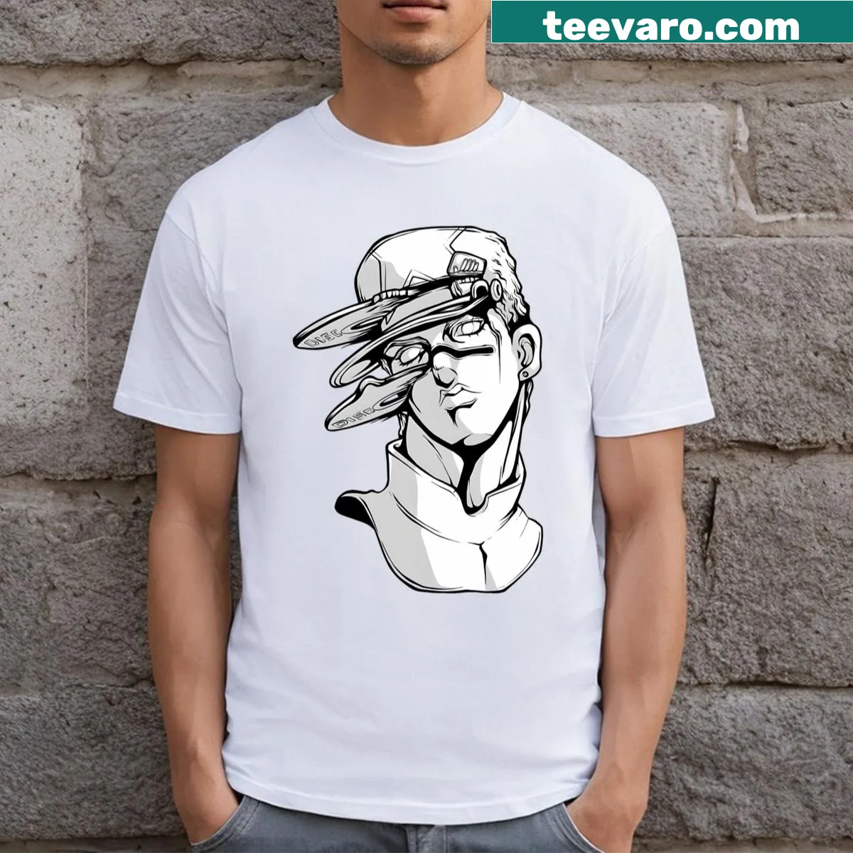 Bold text graphic T-shirt celebrating powerful stand users. — on a men's t-shirt