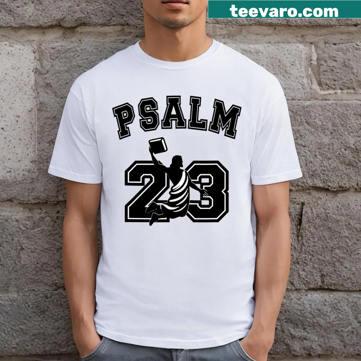 Funny faith-based T-shirt featuring a whimsical interpretation of Psalm 23. — on a men's t-shirt
