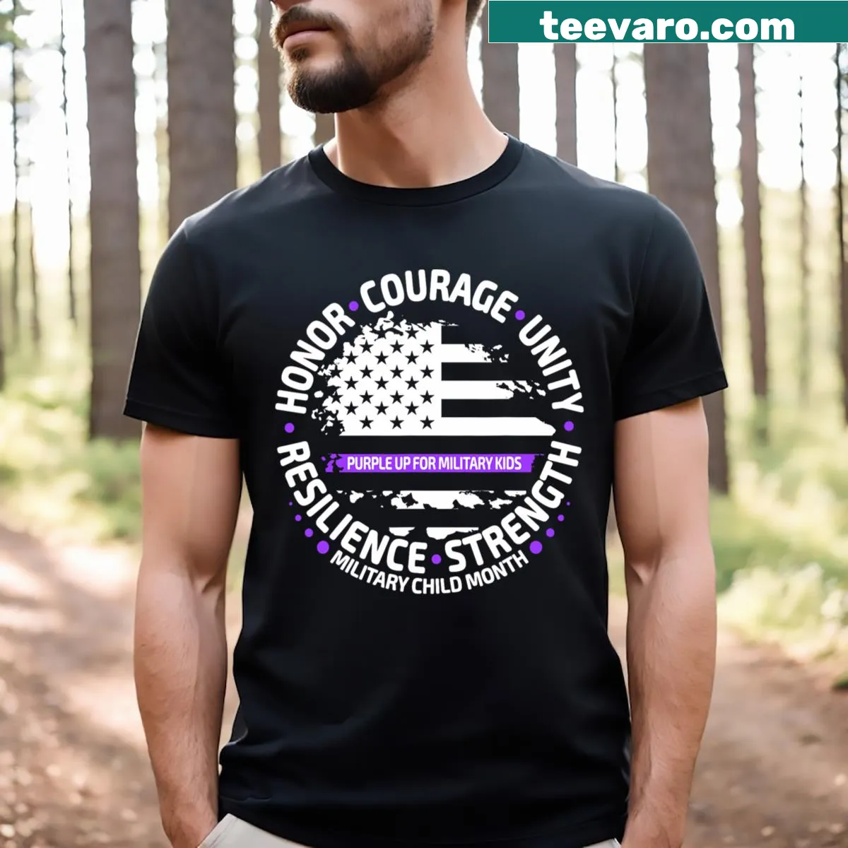 Purple Up for Military Kid t-shirt featuring US flag illustration — on a men's t-shirt