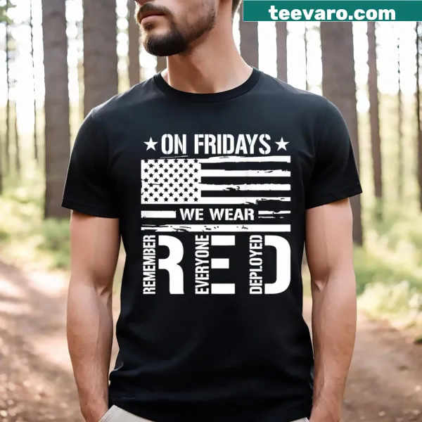Red t-shirt with message to remember deployed soldiers