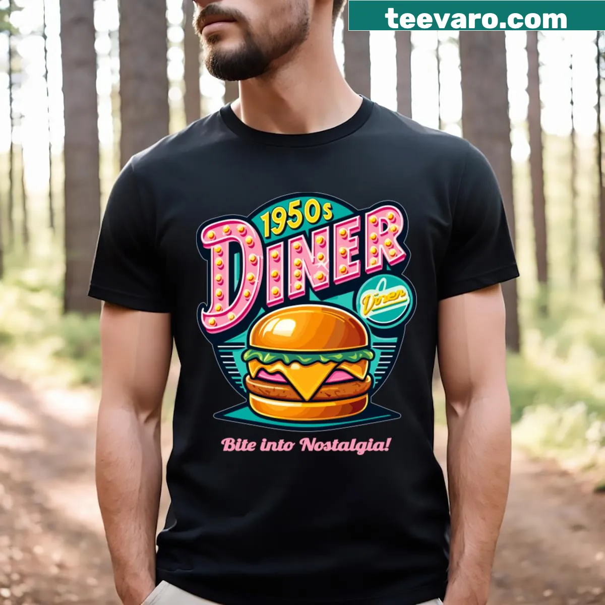 Retro diner t-shirt featuring cheeseburgers and grilled cheese — on a men's t-shirt