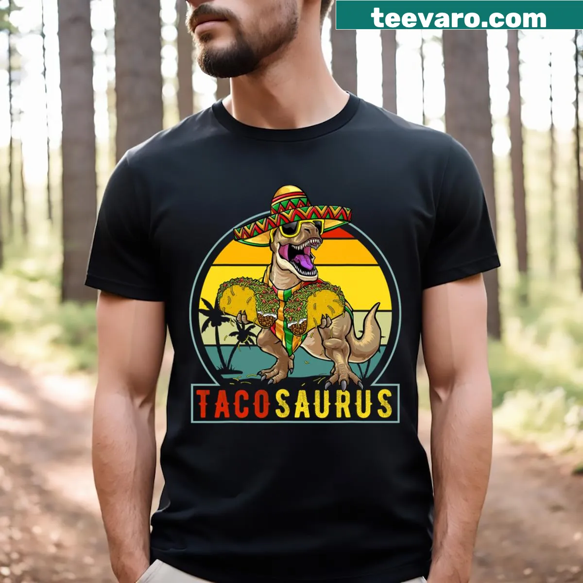 Funny t-shirt with a Tacosaurus dinosaur celebrating Cinco De Mayo — on a men's t-shirt