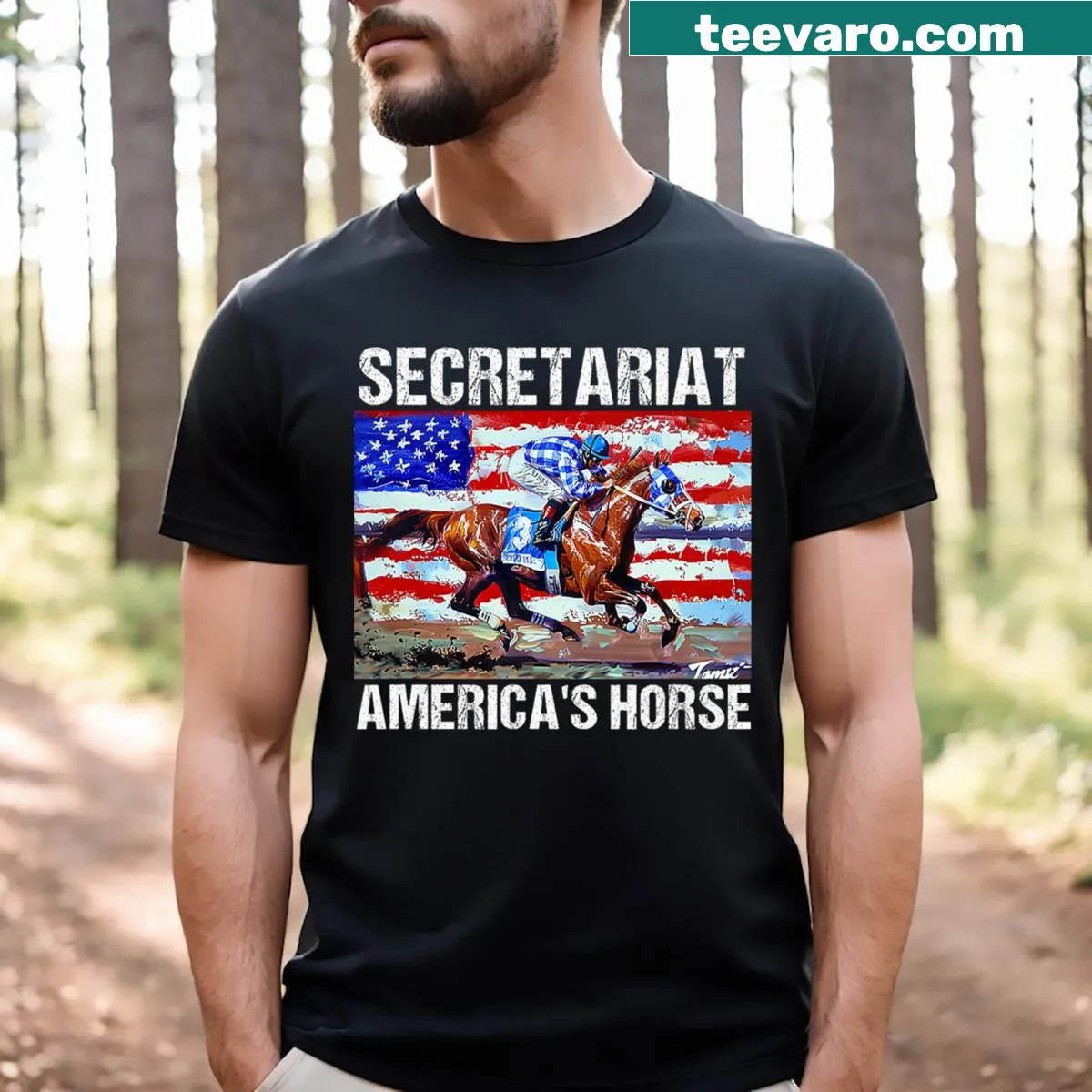 Illustration of Secretariat on a t-shirt — on a men's t-shirt