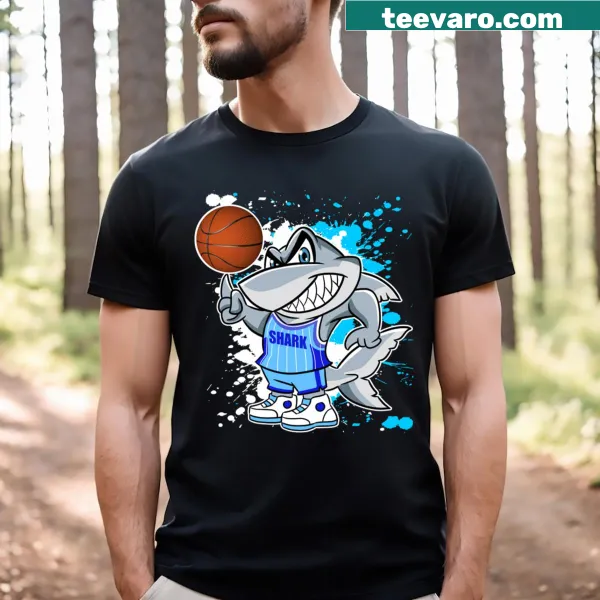 Cartoon shark dribbling a basketball, playful sports design