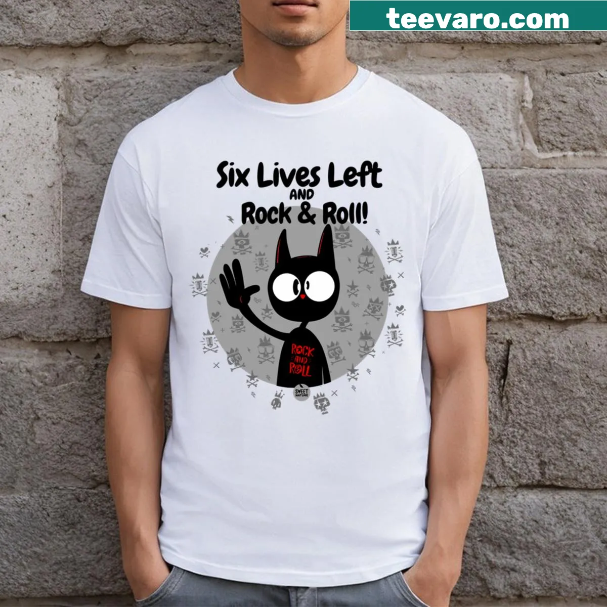 Whimsical cat graphic with 'Six Lives Left And Rock Roll' text — on a men's t-shirt