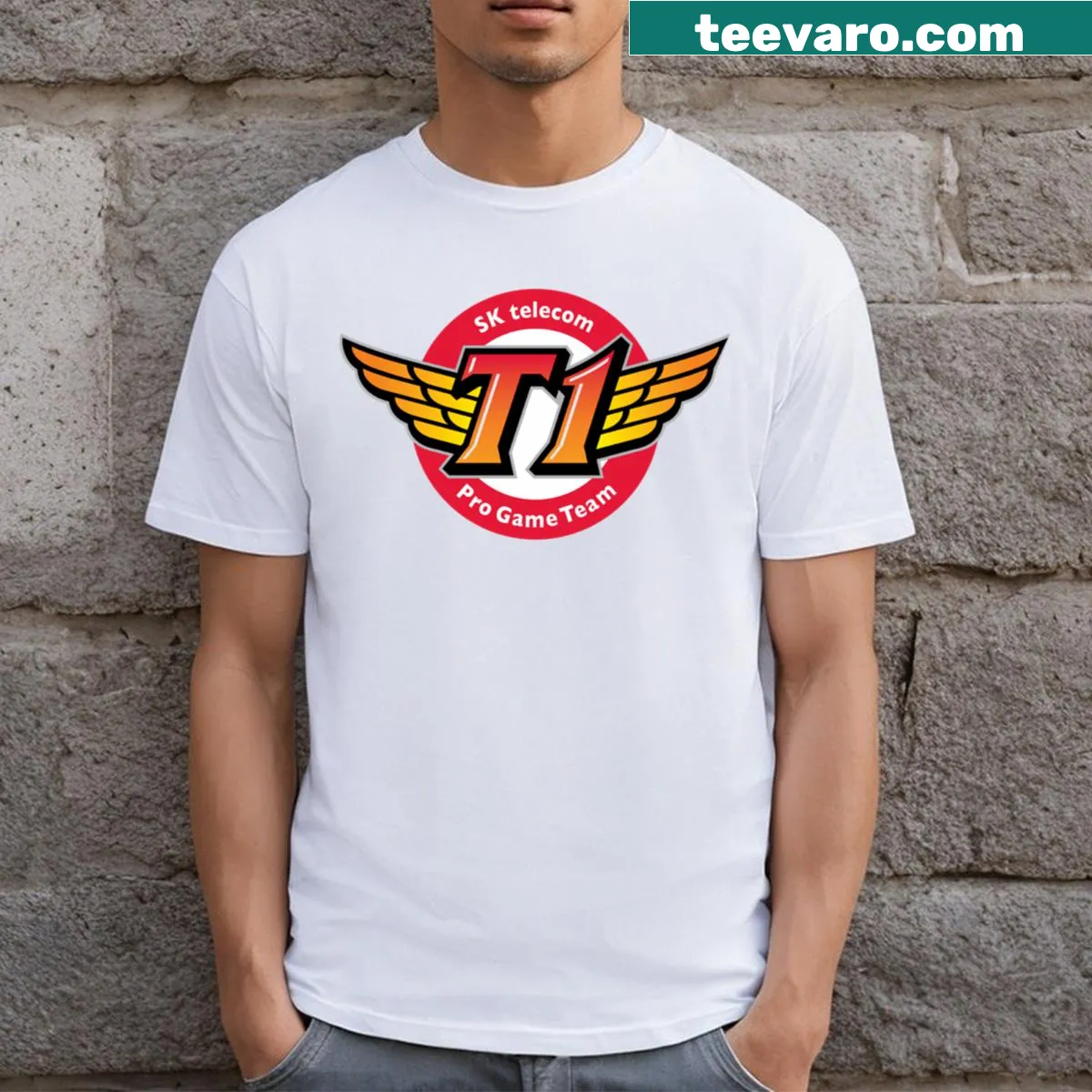 T-shirt featuring the SKT T1 esports logo — on a men's t-shirt
