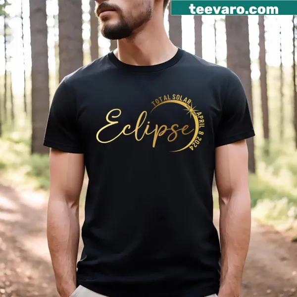 Graphical representation of the 2024 total solar eclipse on men's t-shirt.