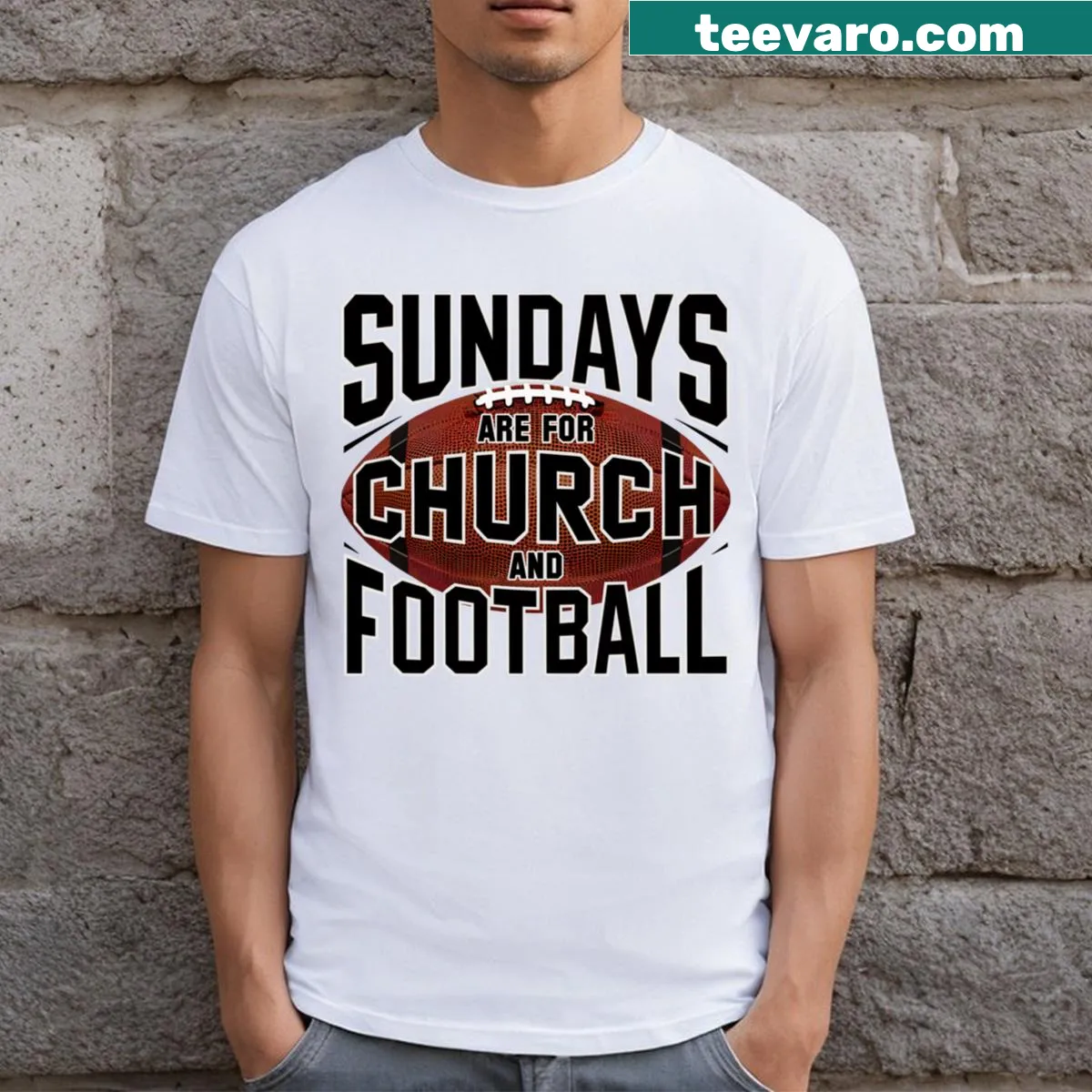 T-shirt with 'Sundays For Church And Football' typography design — on a men's t-shirt