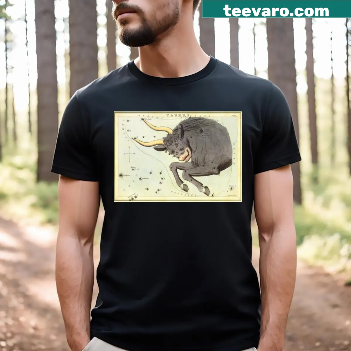 Vintage zodiac T-shirt featuring Taurus the Bull from Urania's Mirror. — on a men's t-shirt