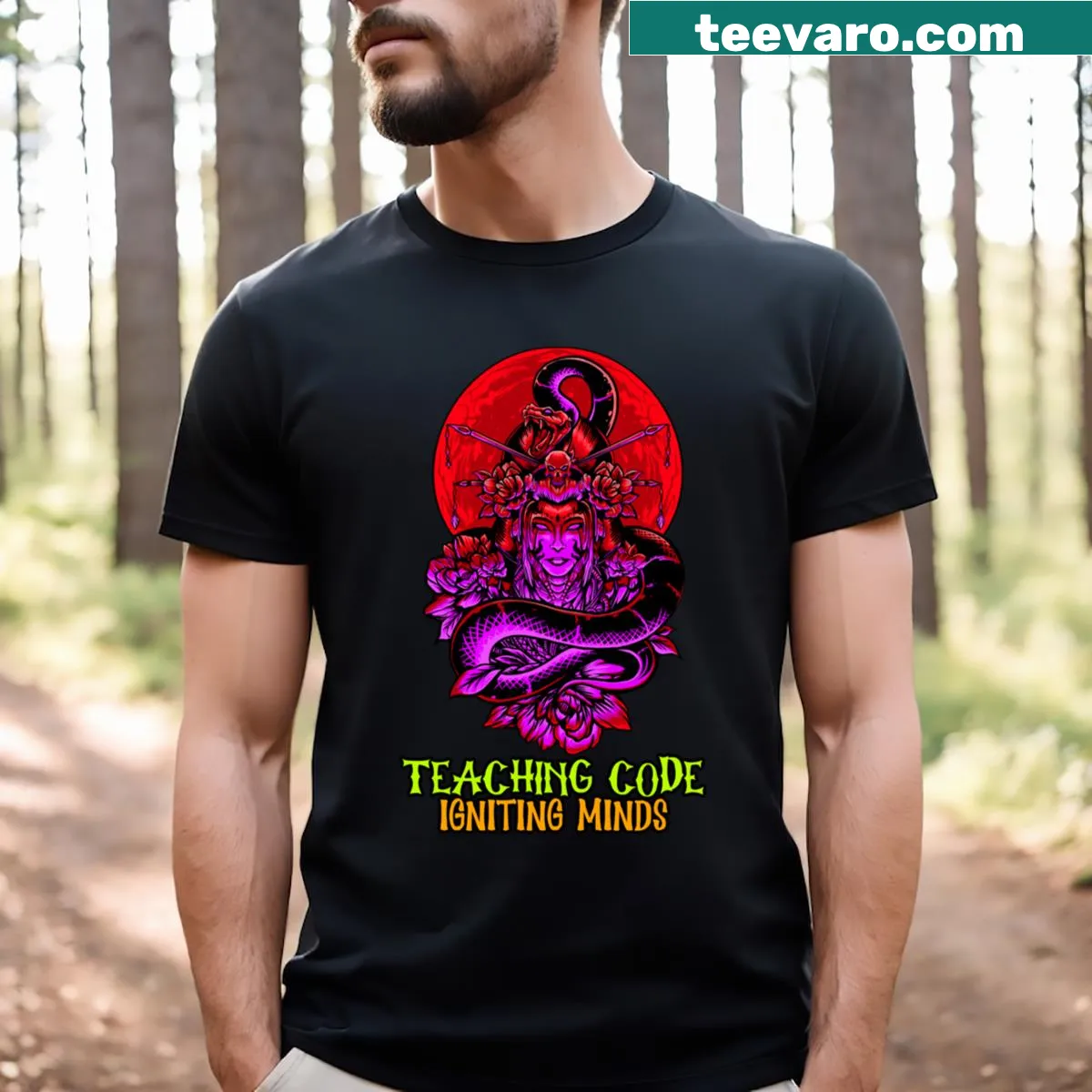 Inspirational Teaching Code shirt with text: Igniting Minds — on a men's t-shirt