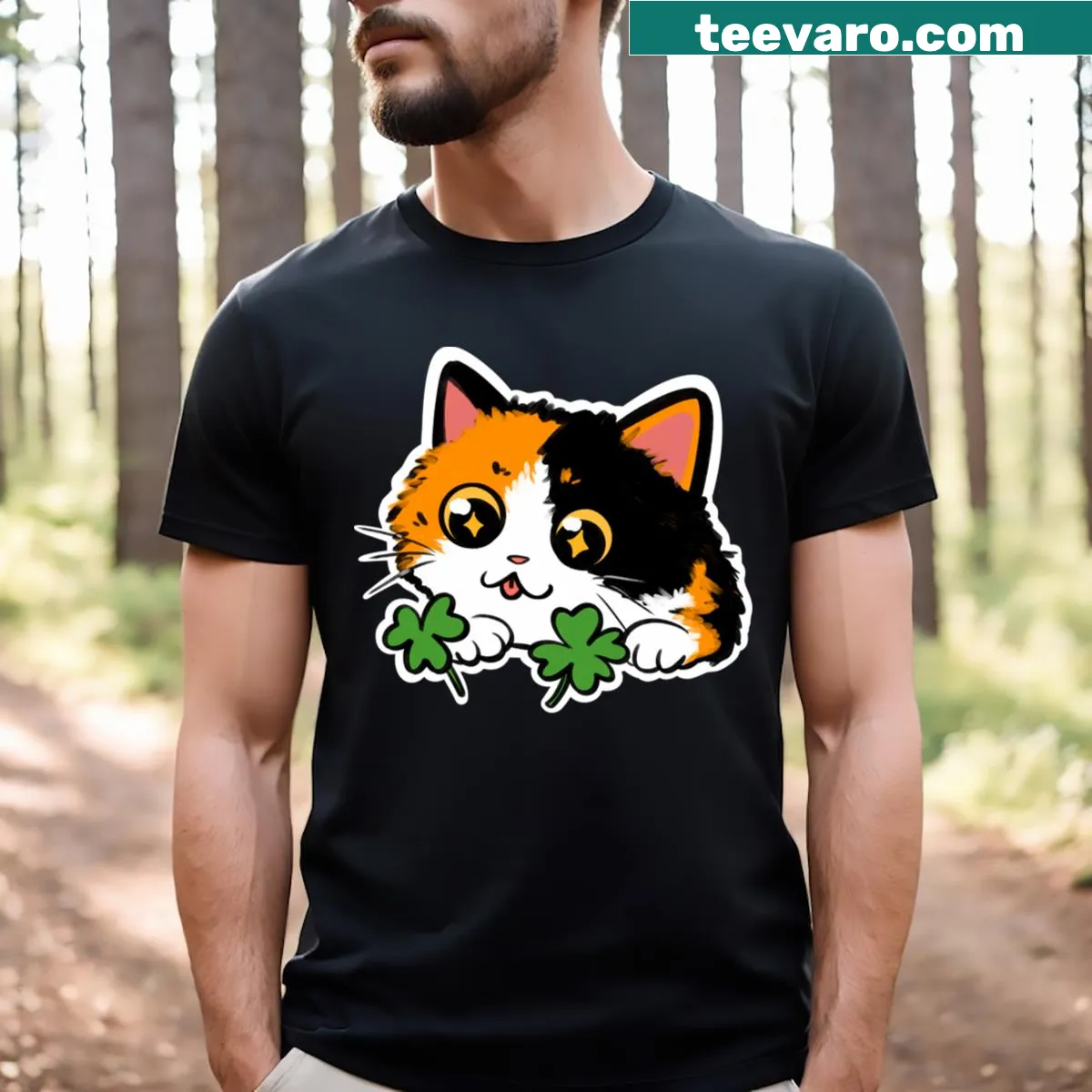 Whimsical T-shirt featuring a lucky calico cat illustration — on a men's t-shirt
