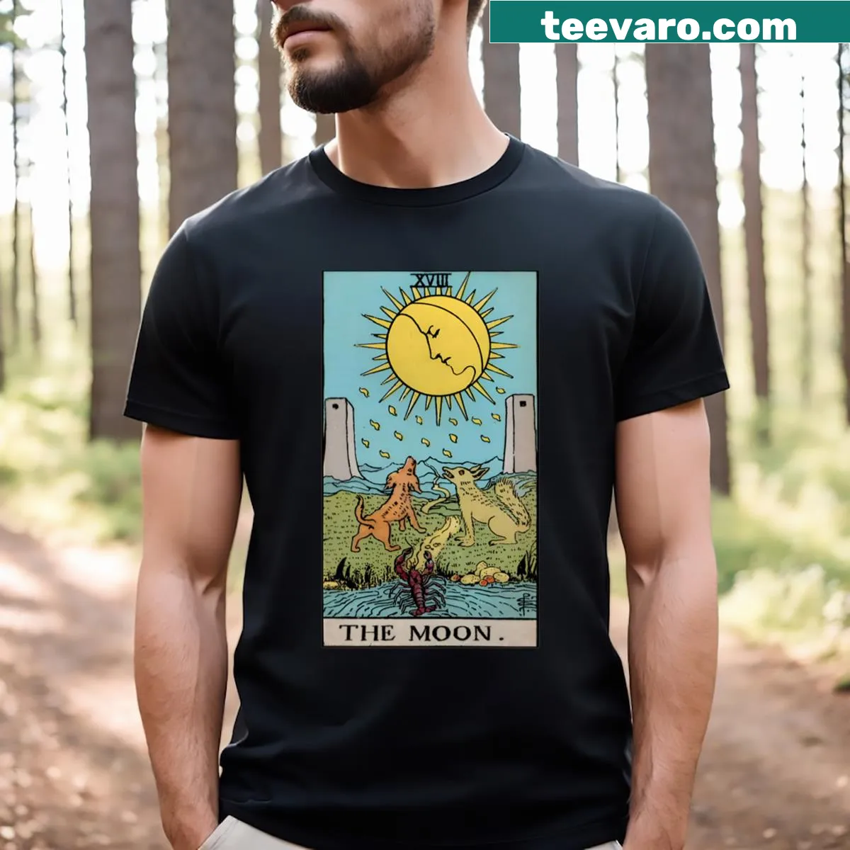Illustrated Moon Rider tarot card T-shirt design. — on a men's t-shirt