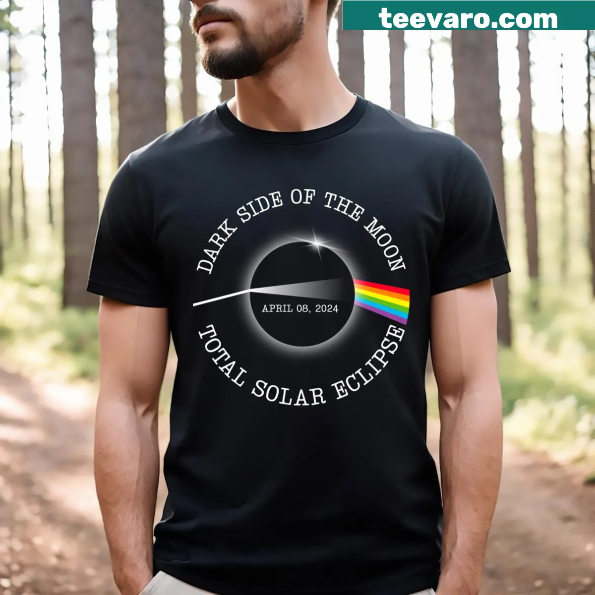 Illustrative T-shirt depicting the Total Solar Eclipse with rainbow colors. — on a men's t-shirt