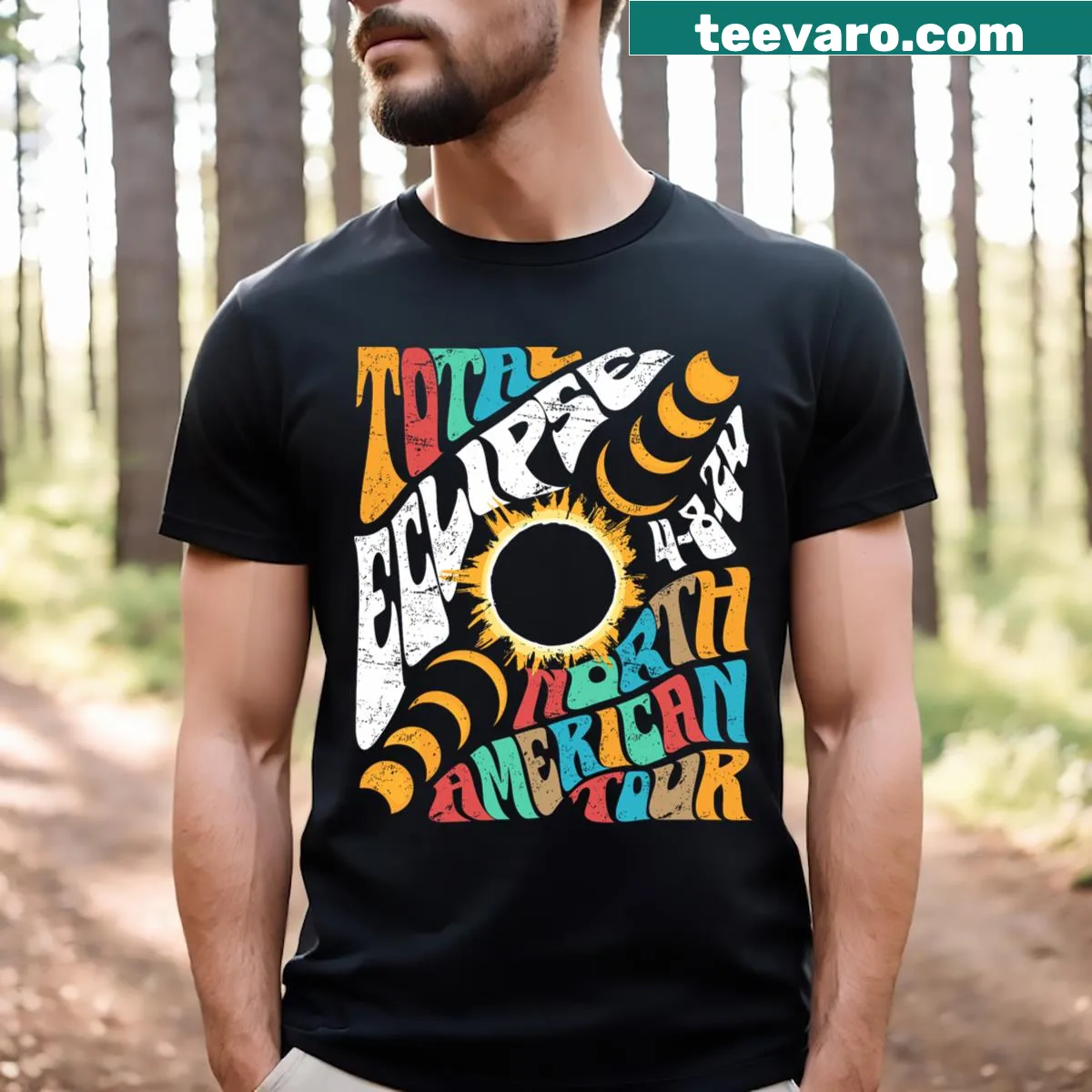 Retro T-shirt celebrating the Total Solar Eclipse April 8, 2024 — on a men's t-shirt