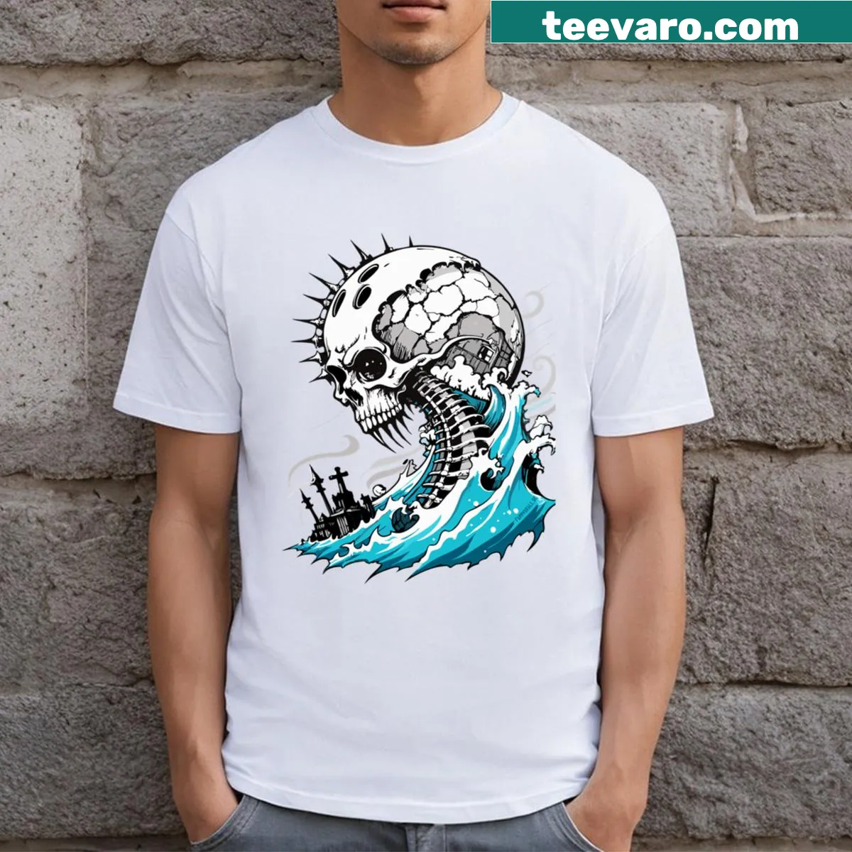 Illustrated skull T-shirt with a wave design — on a men's t-shirt