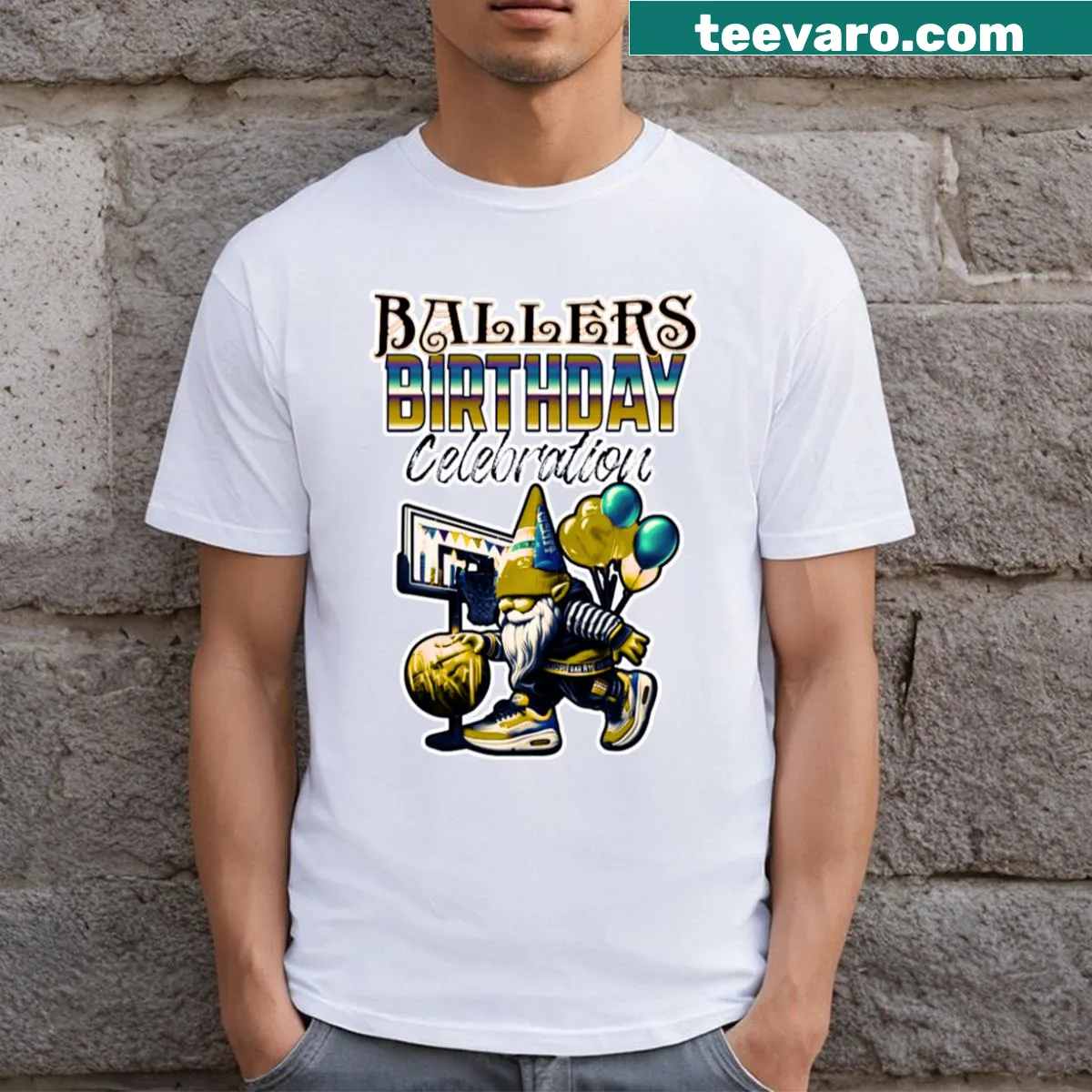 Vintage basketball-themed birthday t-shirt with gnome graphics — on a men's t-shirt