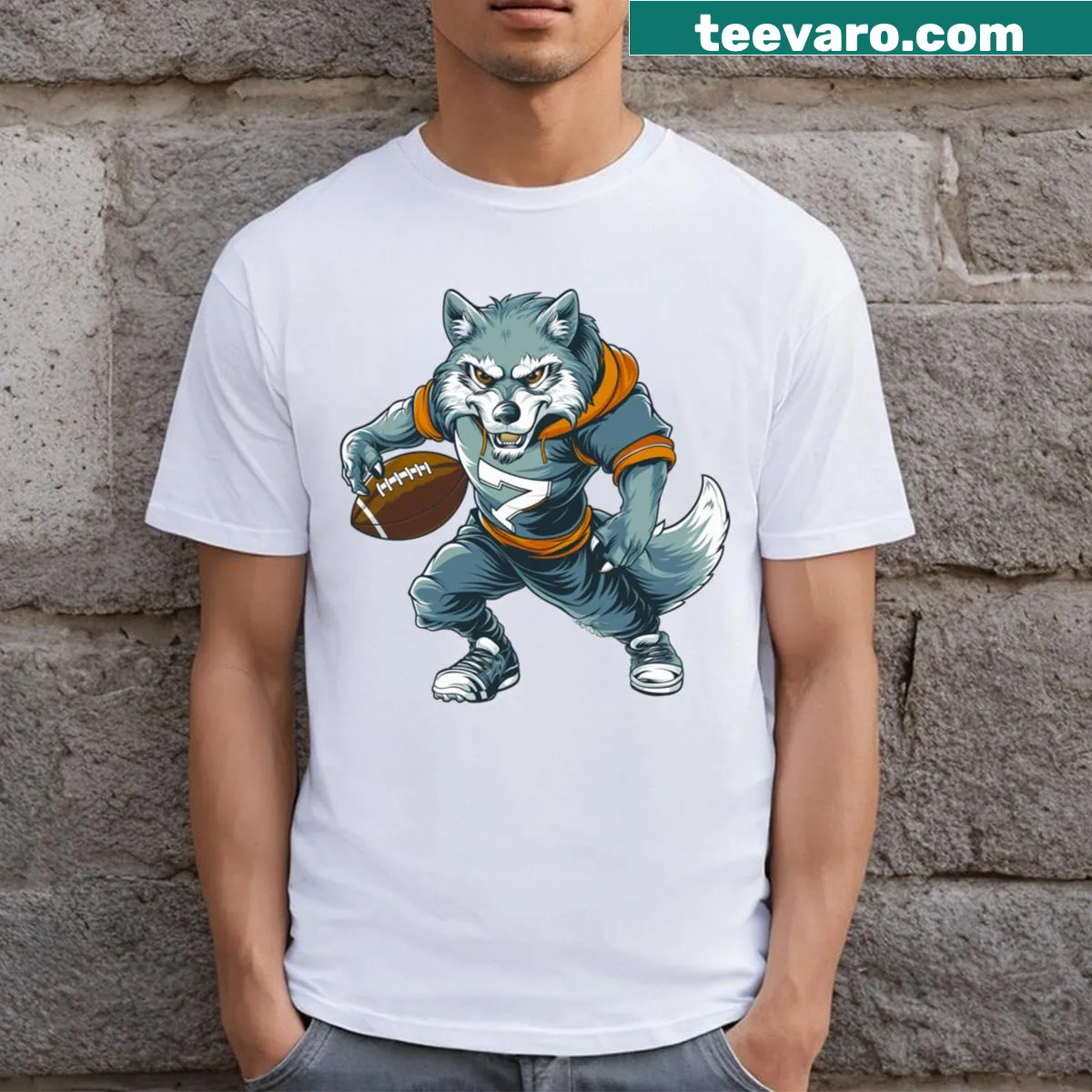 American Football T-shirt featuring a fierce wolf graphic — on a men's t-shirt