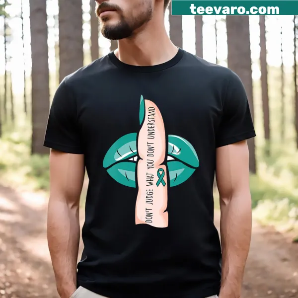 V-neck T-shirt with message about sexual assault awareness
