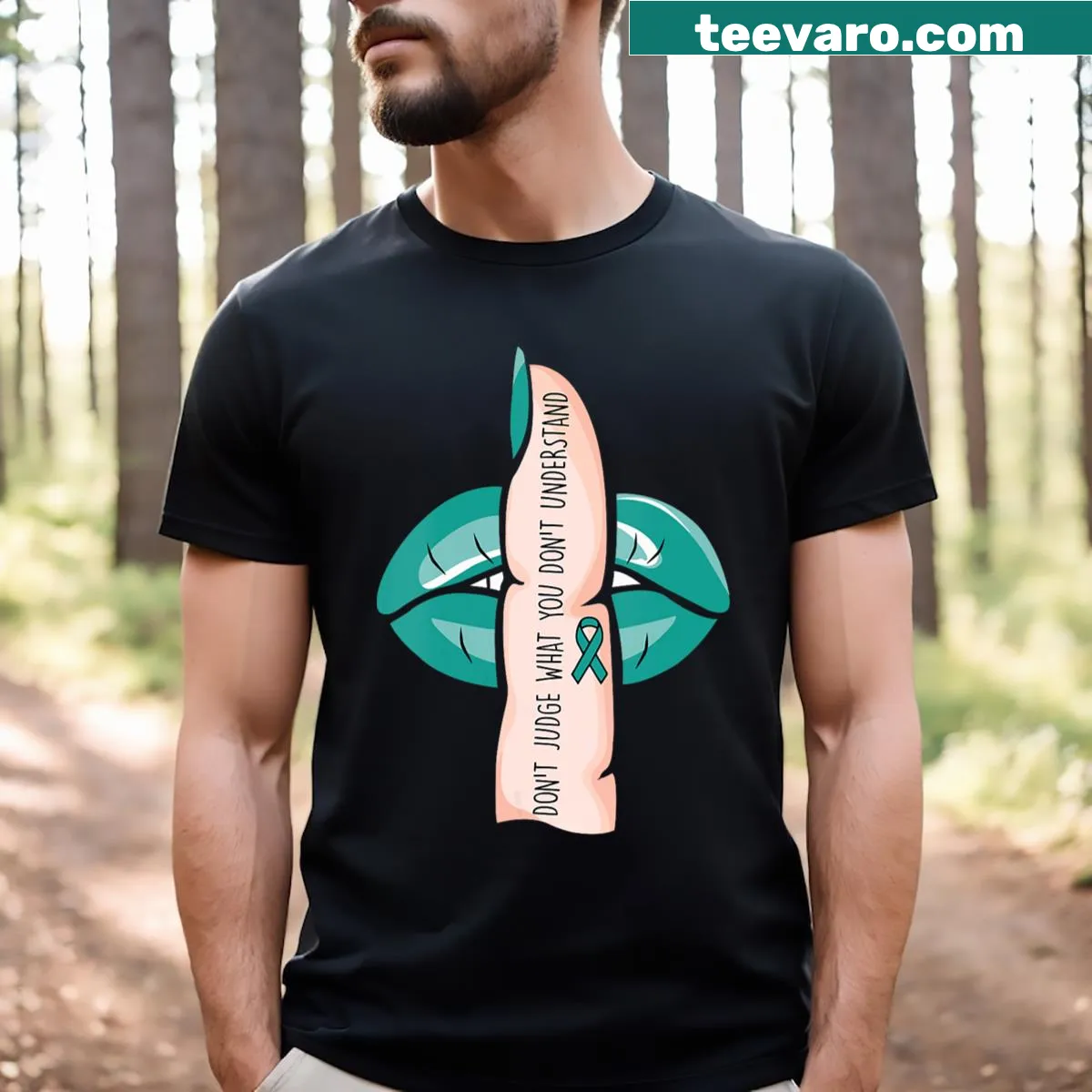 V-neck T-shirt with message about sexual assault awareness — on a men's t-shirt
