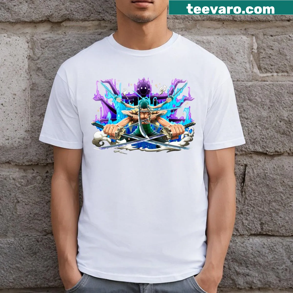 Fantasy-themed Zoro Ashura t-shirt with dynamic character design — on a men's t-shirt