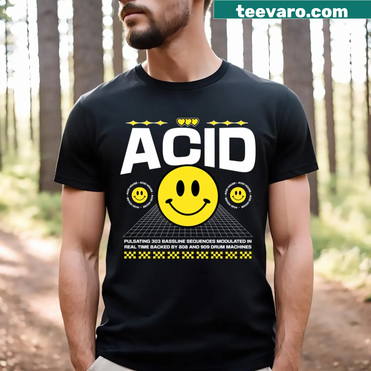Illustrated acid house smiley faces on a T-shirt — on a men's t-shirt