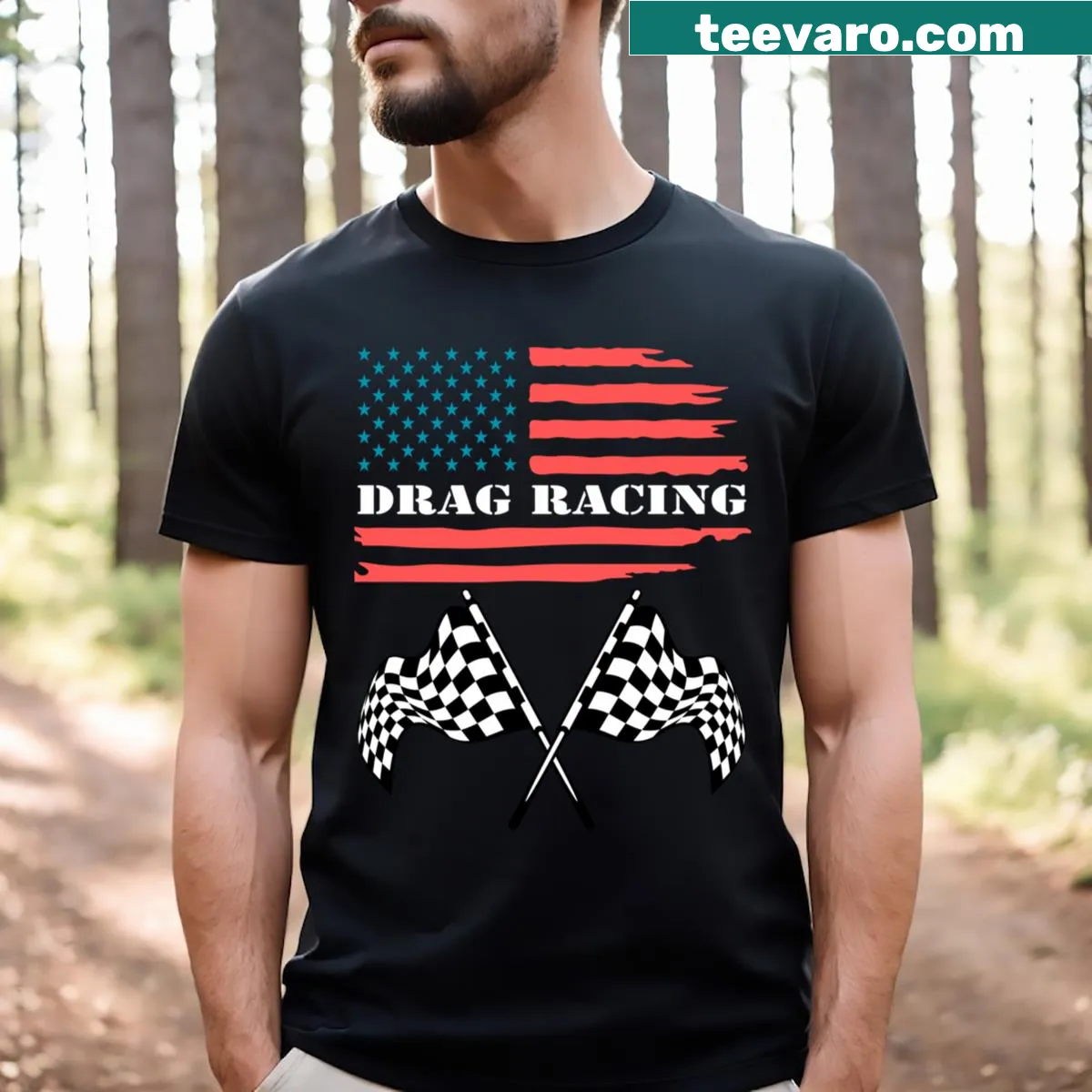 T-shirt with American flag and checkered flag drag racing design — on a men's t-shirt