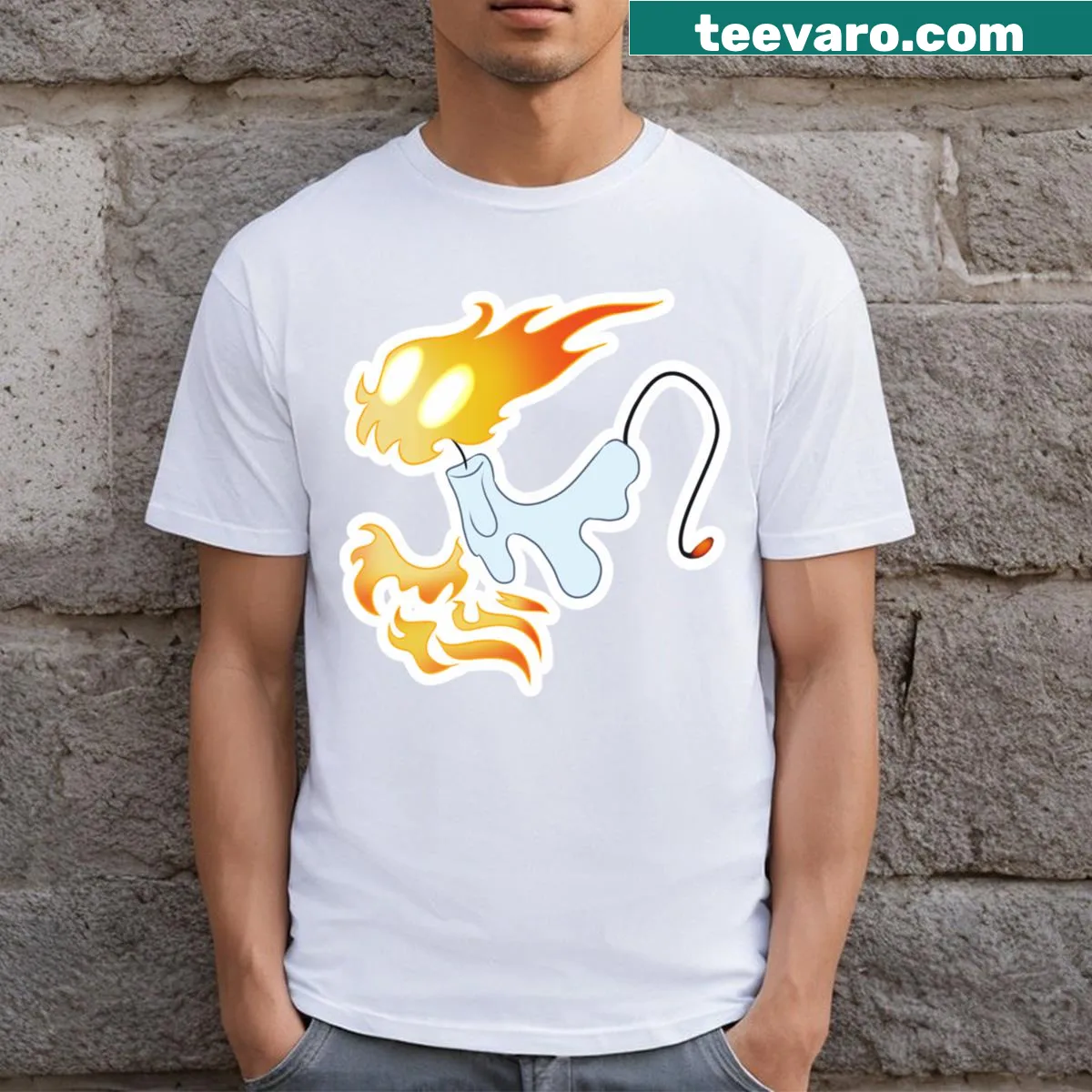 Whimsical Ashwick fire spirit t-shirt design — on a men's t-shirt