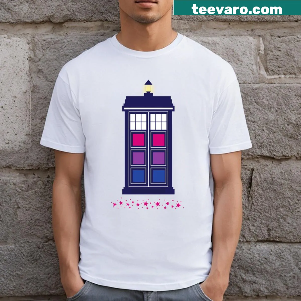 Illustrated call box graphic with bisexual pride theme — on a men's t-shirt