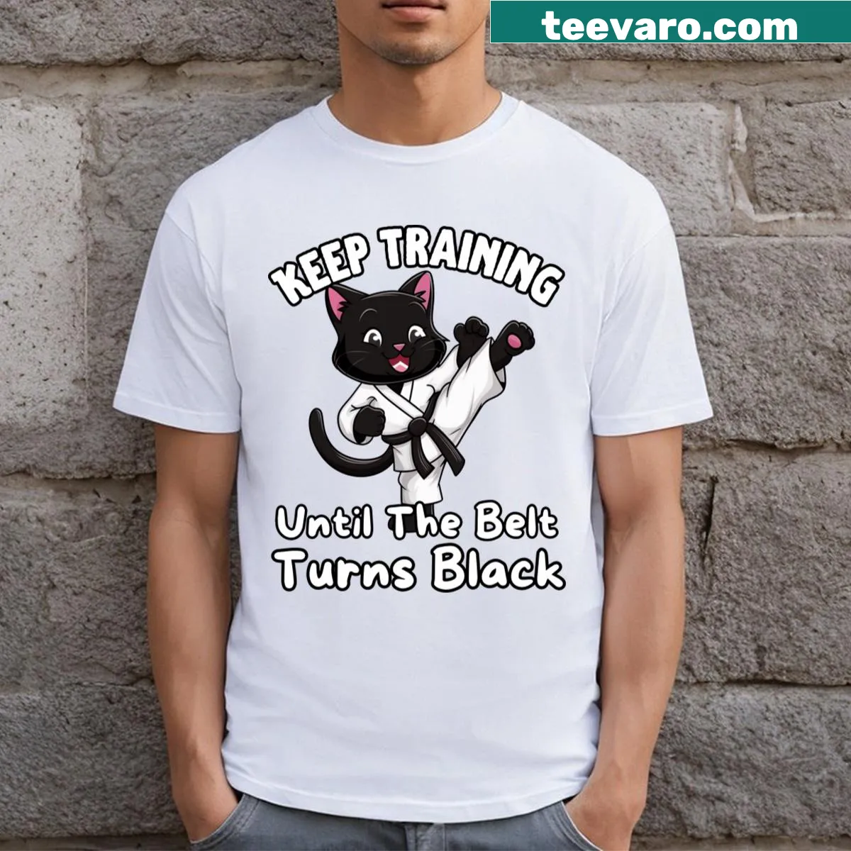 Playful black cat karate t-shirt with a cat in a karate pose — on a men's t-shirt